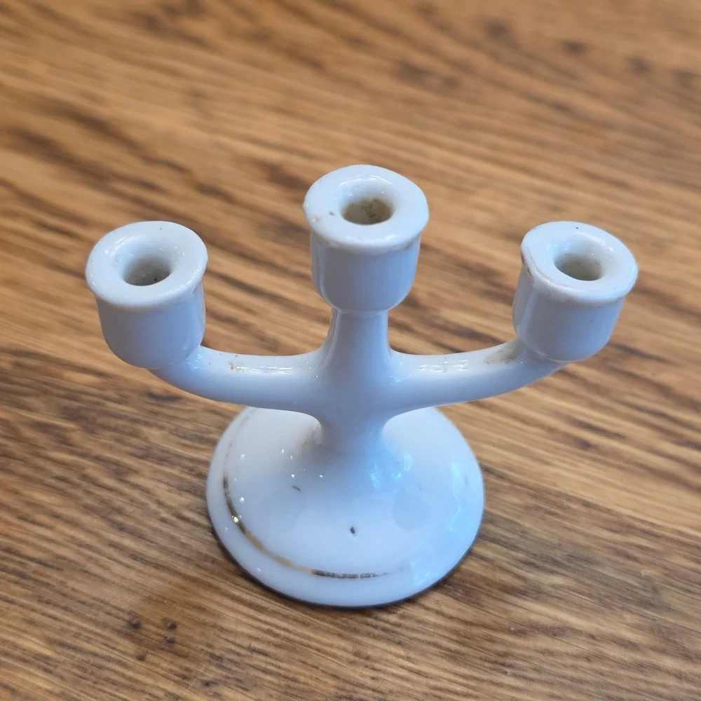 Vintage White Porcelain Miniature 3 Arm Candelabra Japan 2 Inch Dollhouse Decor